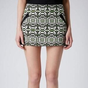 TOPSHOP Aztec Geometric Tribal Print Jacquard Mini Skirt Green/White/Black 4 S